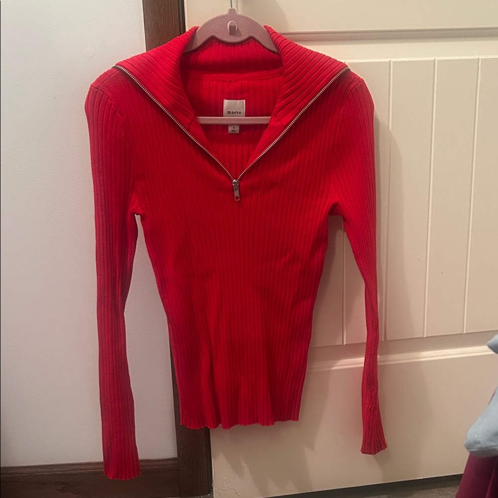 Maeve Red Ribbed Half-Zip Collared Sweater